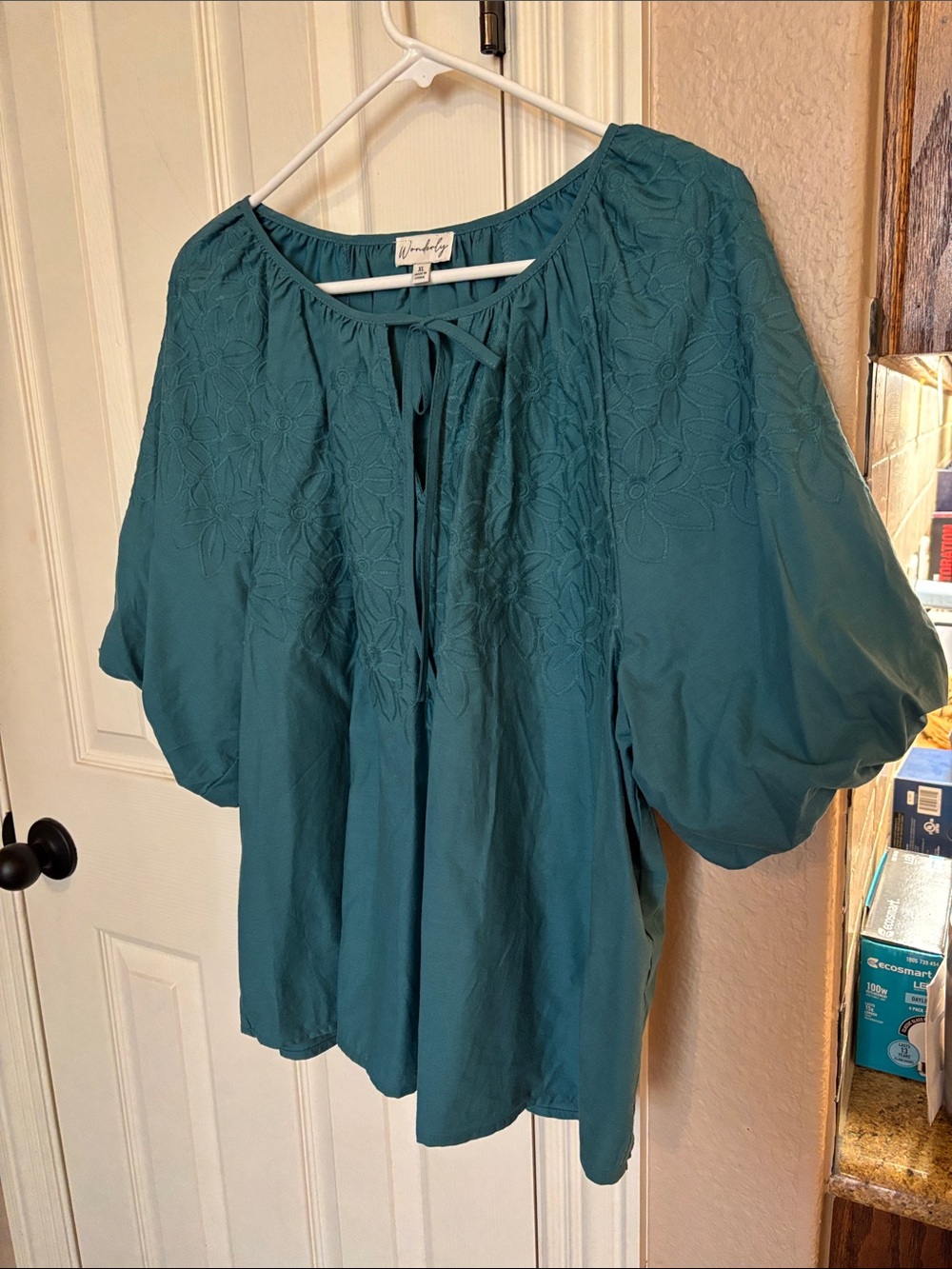 Wonderly Teal Floral Embroidered Peasant Top